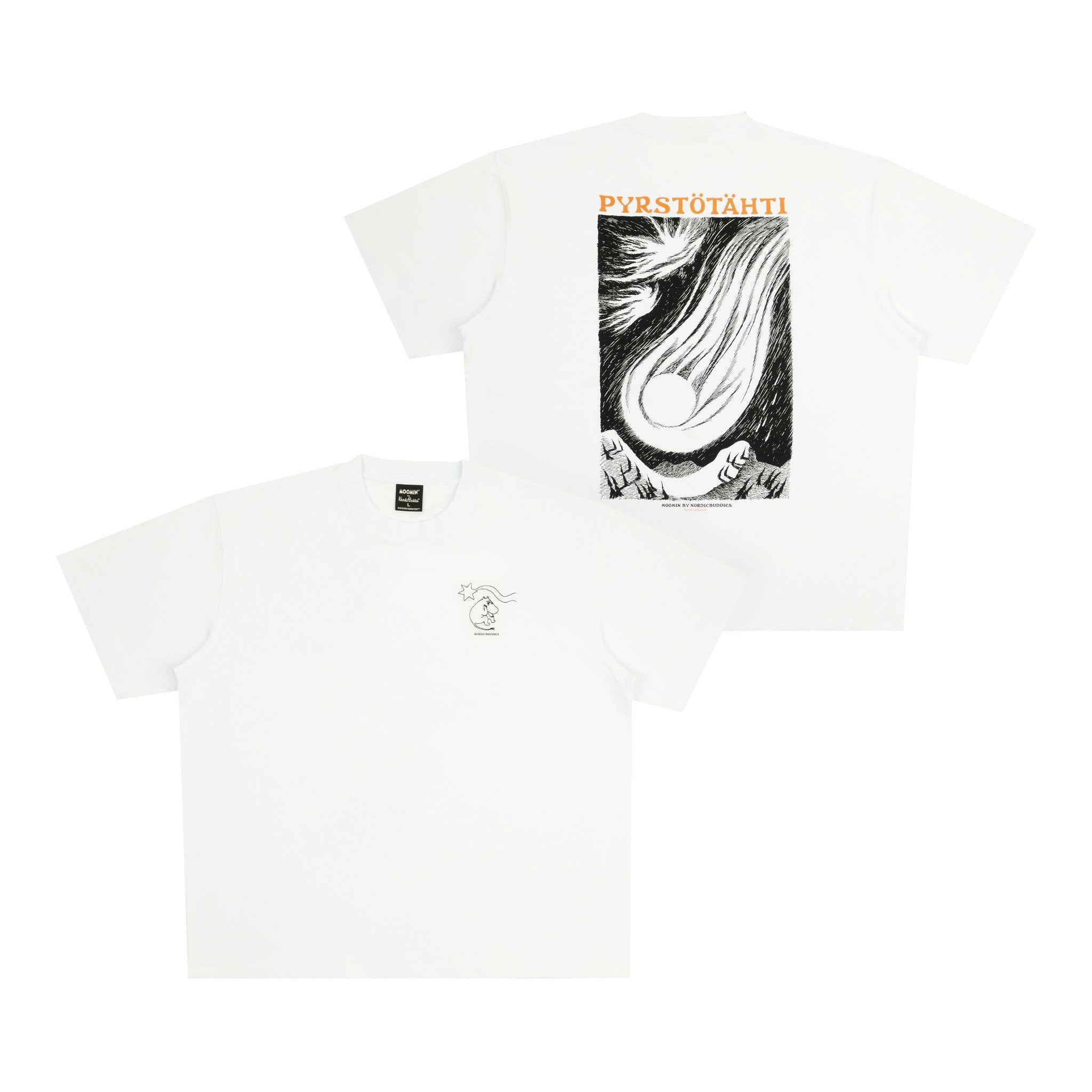 7. Flat lay of Moomin unisex t-shirt in white, showing front and back design