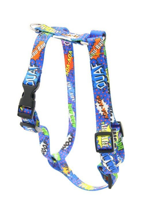 2. Blue graffiti-print nylon harness featuring black plastic buckles and adjusters, displayed in a studio environment