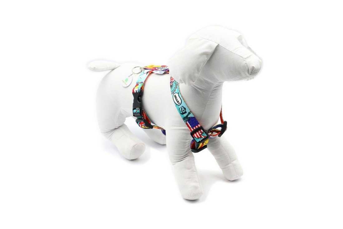 2. Colorful Matteo nylon harness on white dog mannequin in studio setting