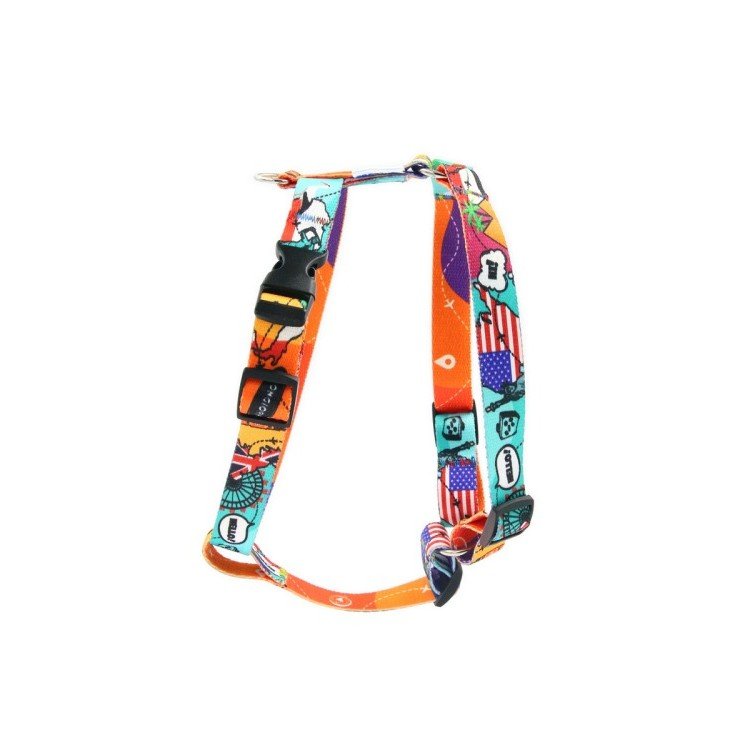 3. Close-up of colorful Matteo nylon harness with high-gloss nickel-plated handle and plastic adjusters