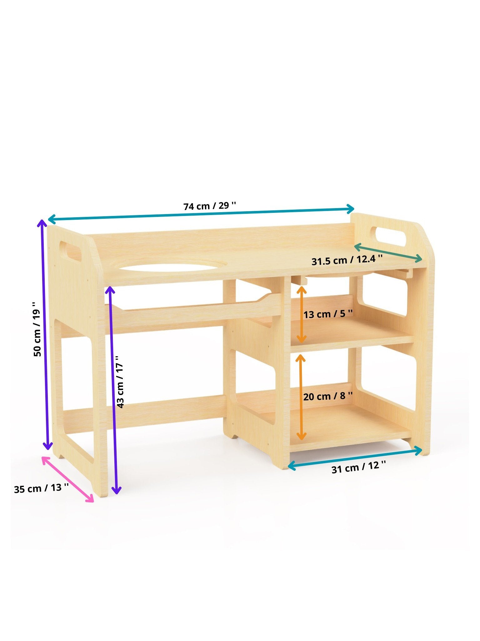 13. Size chart for Montessori washbasin showing dimensions in centimeters