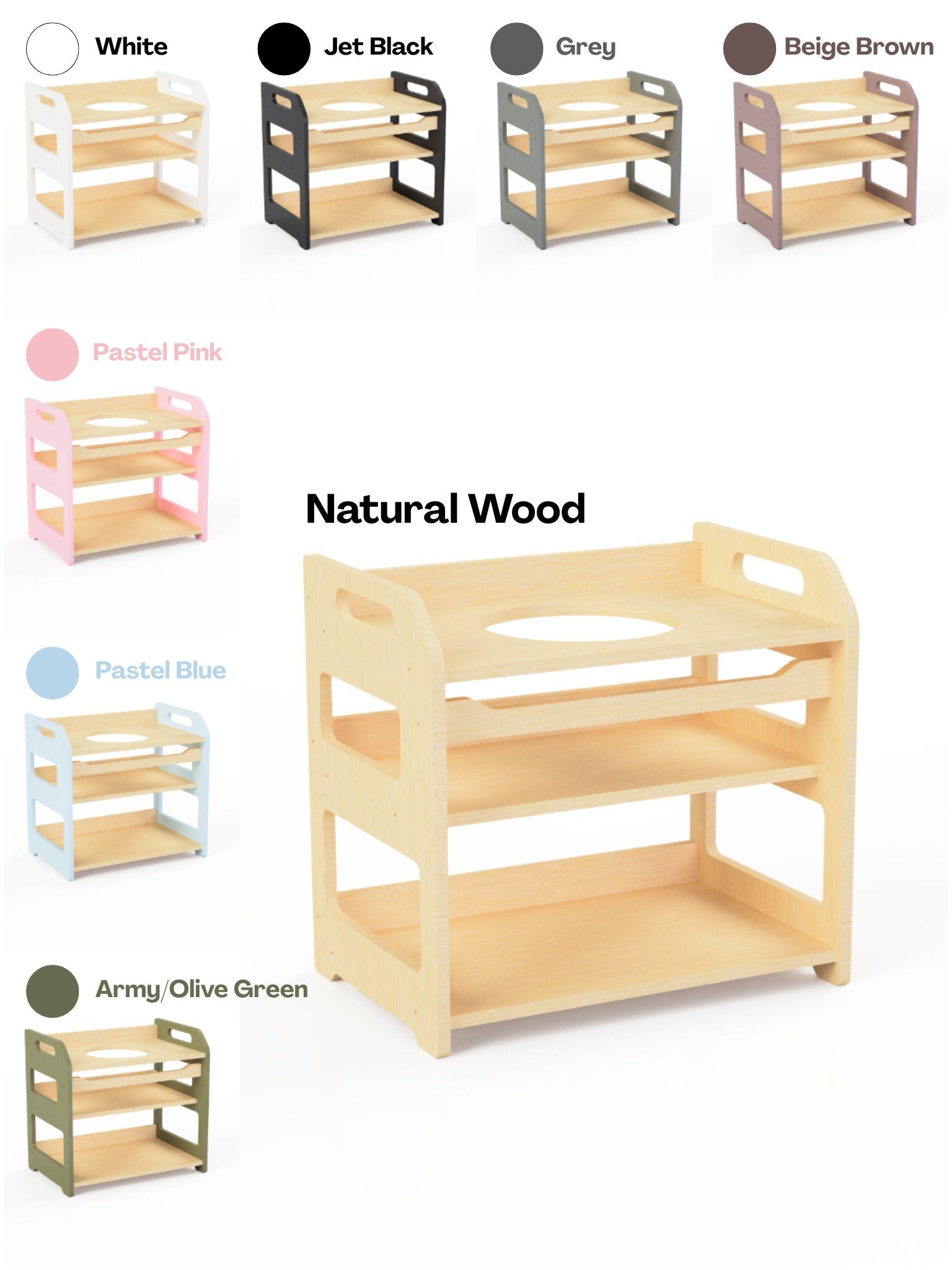 5. Color options for Montessori washbasin including natural wood, white, black, grey, beige, pink, blue, and green