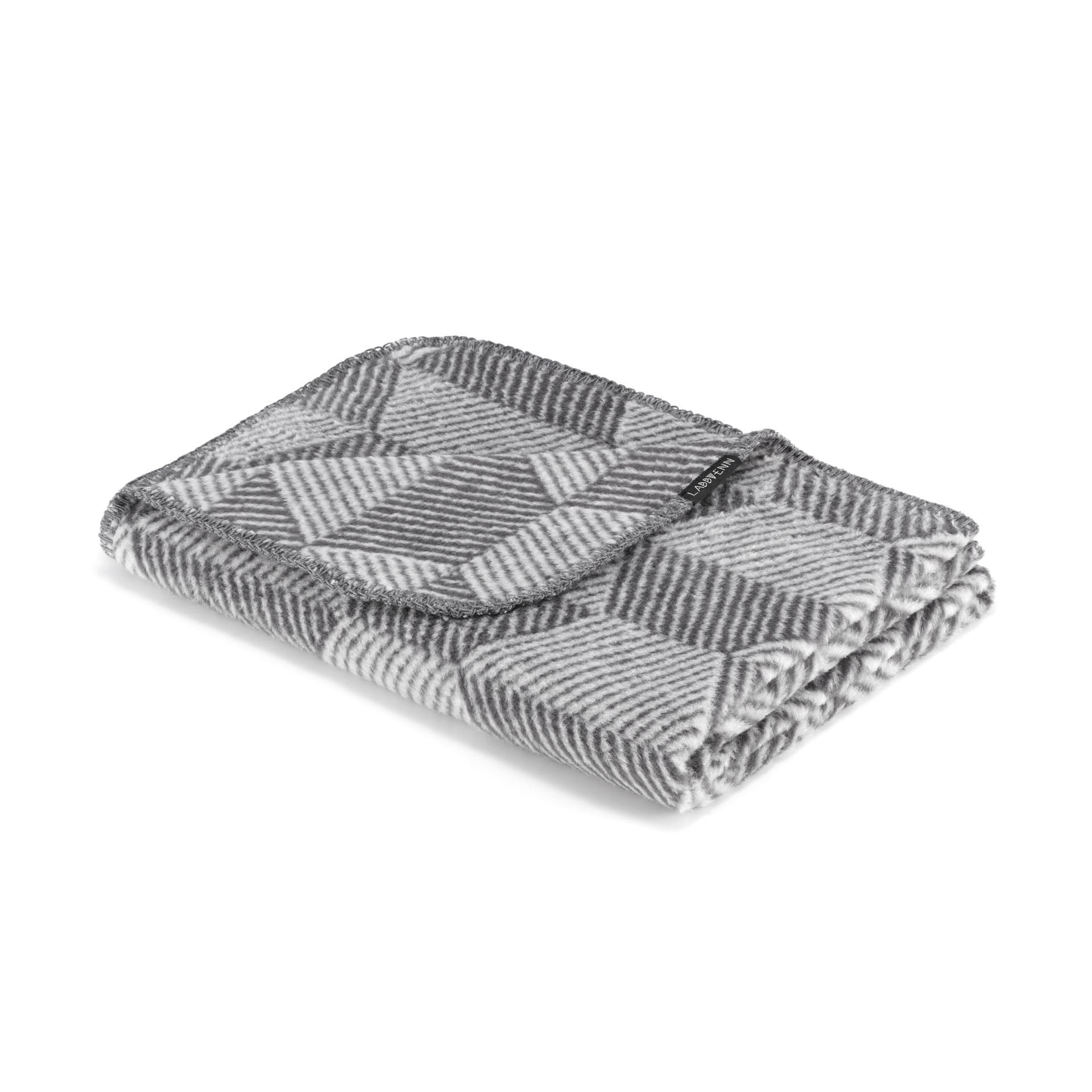 2. Labbvenn Ocon pet blanket in gray and white with geometric patterns, folded on a white background, highlighting soft cotton, acrylic, and polyester blend