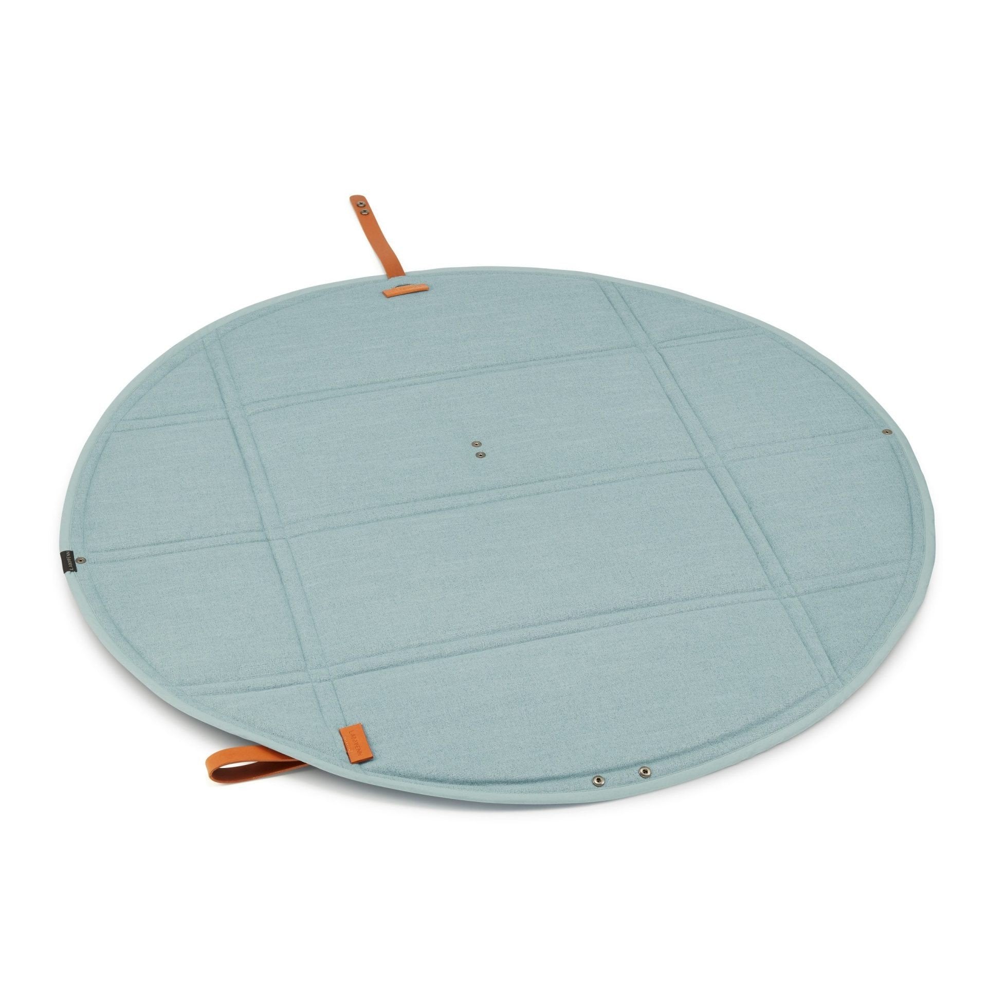 4. Flat lay of Okka travel mat in soft teal with brown leather accents, fully opened