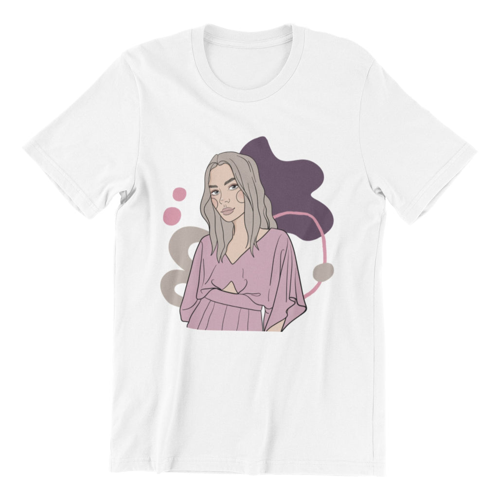 2. Unisex white organic cotton t-shirt with illustration by Getter Tiivits, featuring a woman in a pink top, shown in studio setting