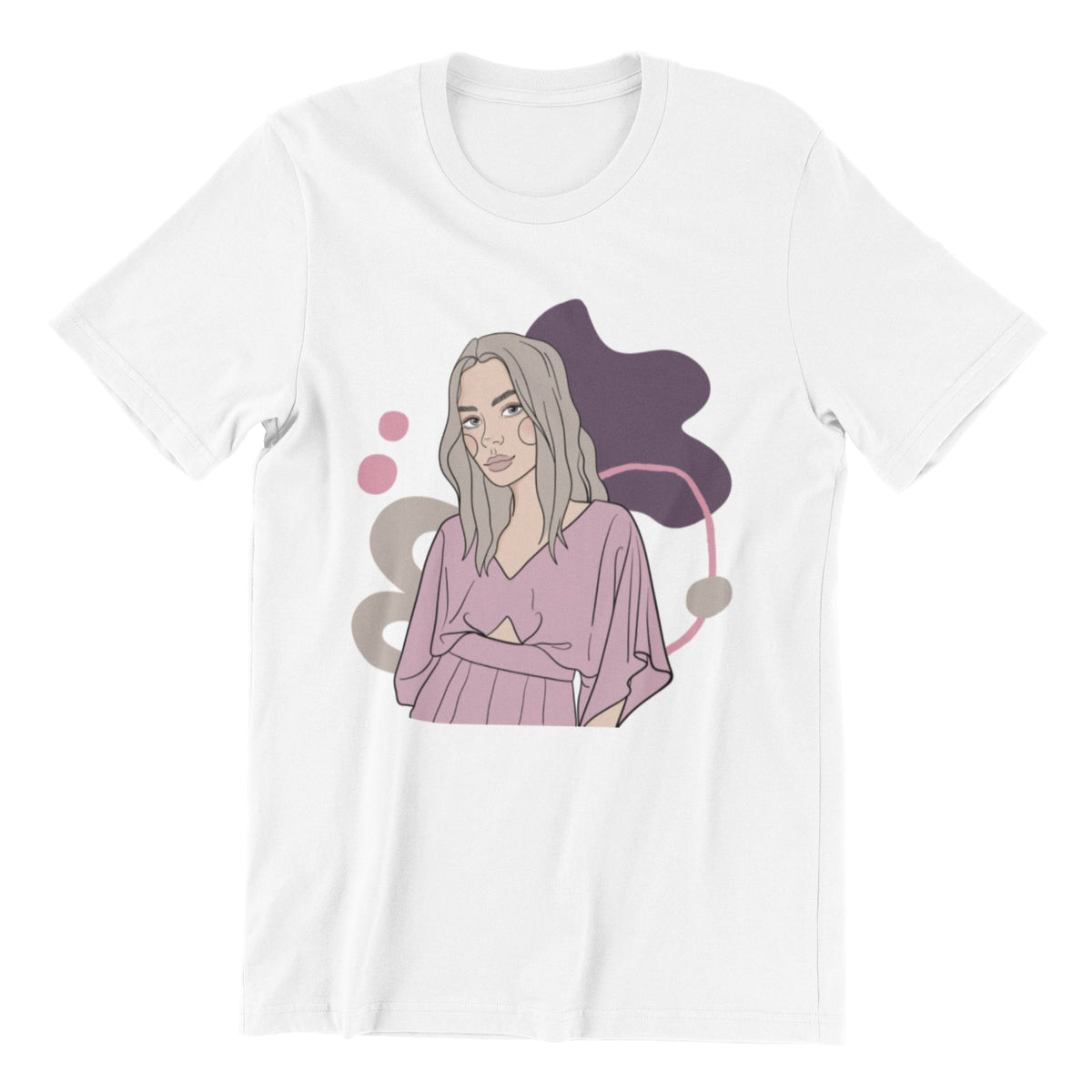 2. Unisex white organic cotton t-shirt with illustration by Getter Tiivits, featuring a woman in a pink top, shown in studio setting