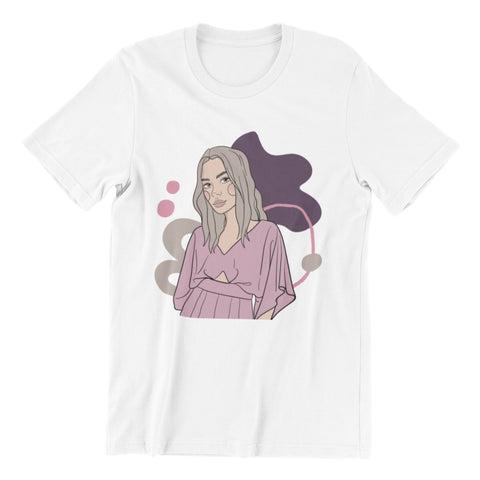 2. Unisex white organic cotton t-shirt with illustration by Getter Tiivits, featuring a woman in a pink top, shown in studio setting