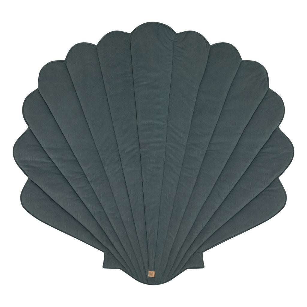 3. Studio shot of blue shell-shaped playmat with quilted texture, highlighting design and material