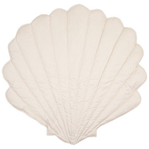 2. White shell-shaped playmat made from organic cotton and linen, displayed on a white background showcasing its quilted texture