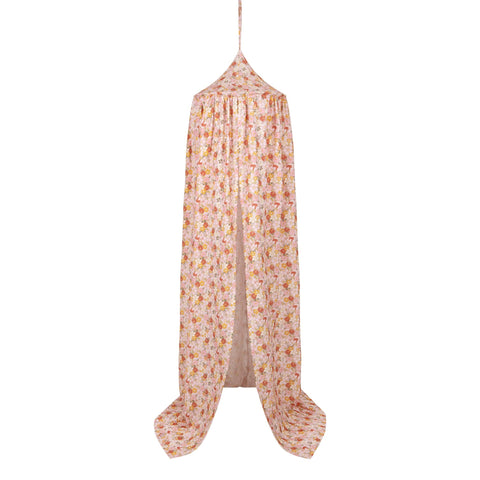3. Studio shot of floral canopy in pink and orange with open drapes