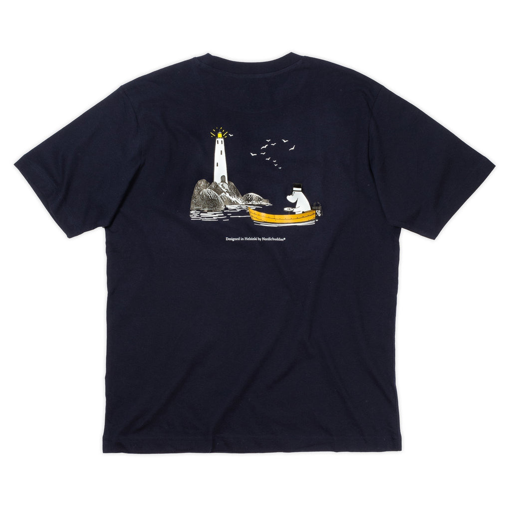 4. Studio image of unisex Moomin by NordicBuddies T-shirt showing back design with Moominpappa and lighthouse