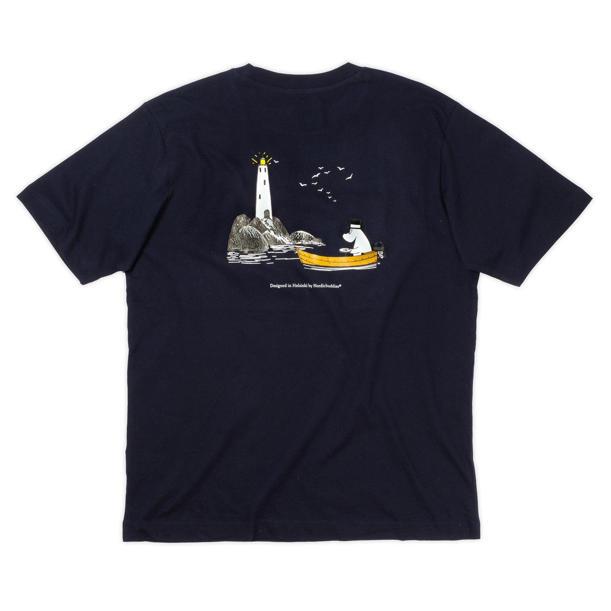 4. Studio image of unisex Moomin by NordicBuddies T-shirt showing back design with Moominpappa and lighthouse