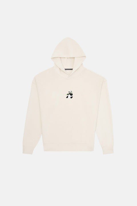 1. Unisex cream Panda Hoodie by Sossu with embroidered panda detail, shown in studio front view