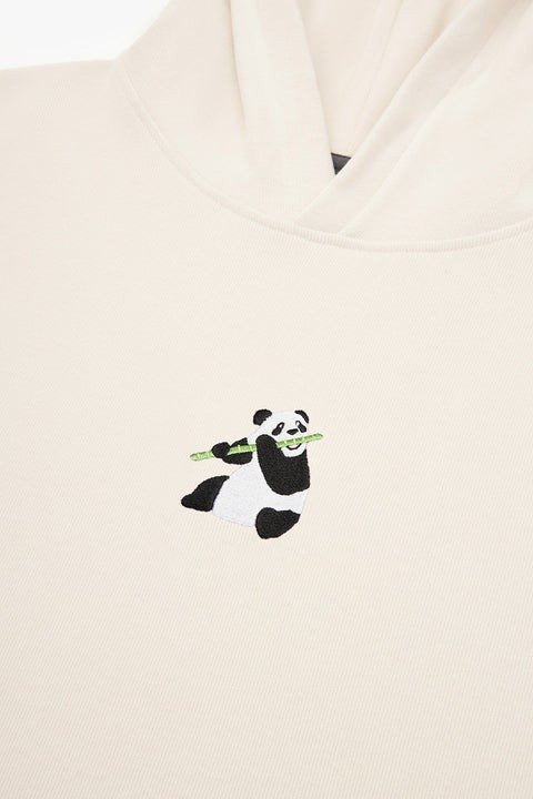 3. Close-up of embroidered panda detail on cream Panda Hoodie by Sossu