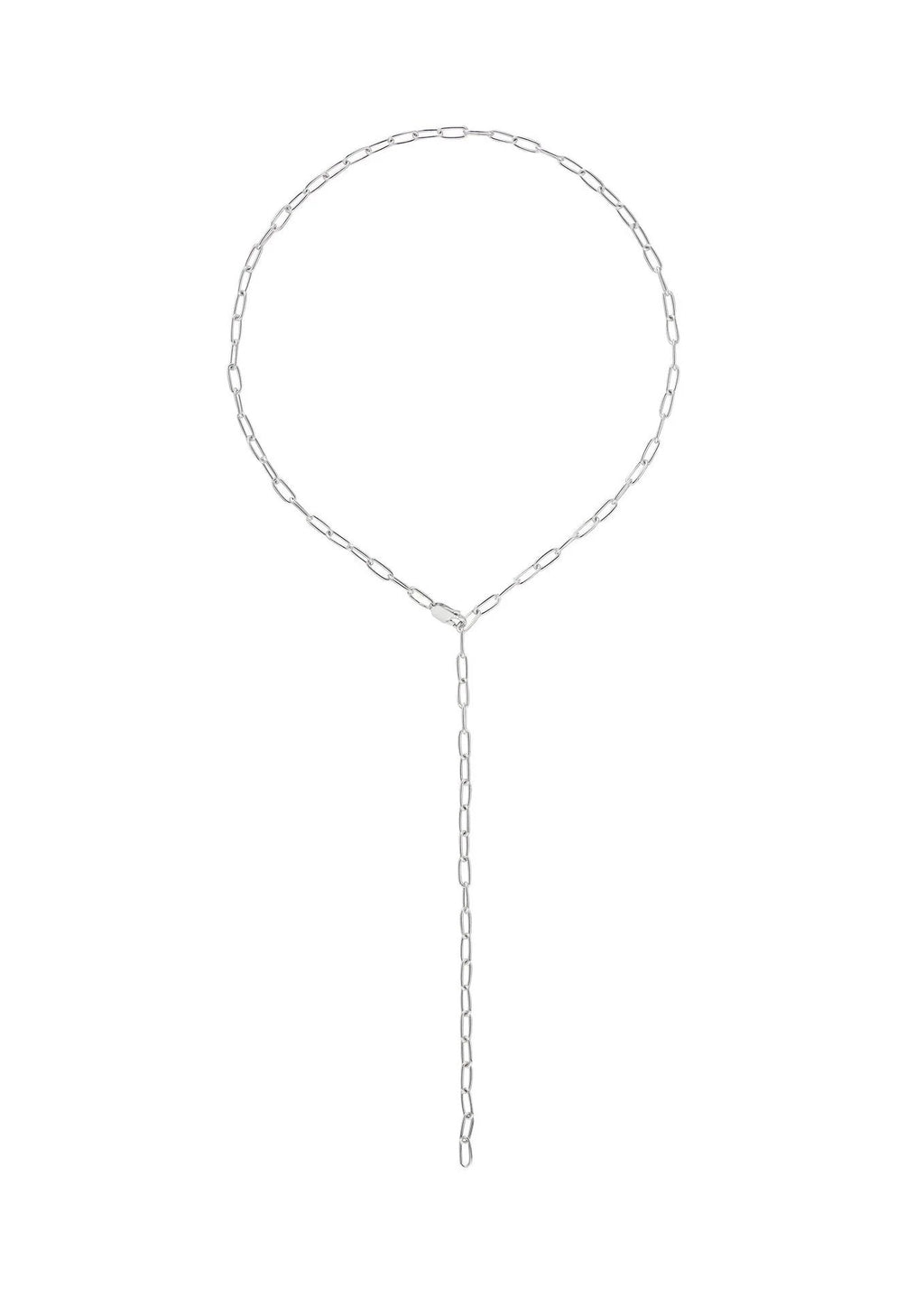 13. Studio shot of silver paper clip Y-necklace on white background