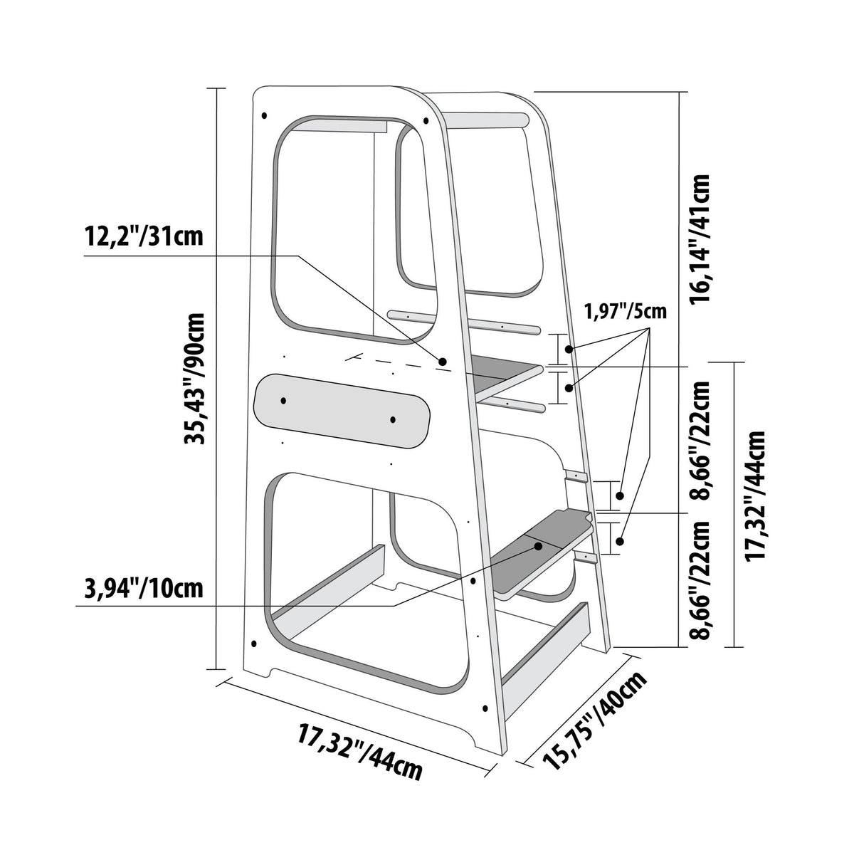 9. Size chart for Montessori helper tower step stool with dimensions in centimeters