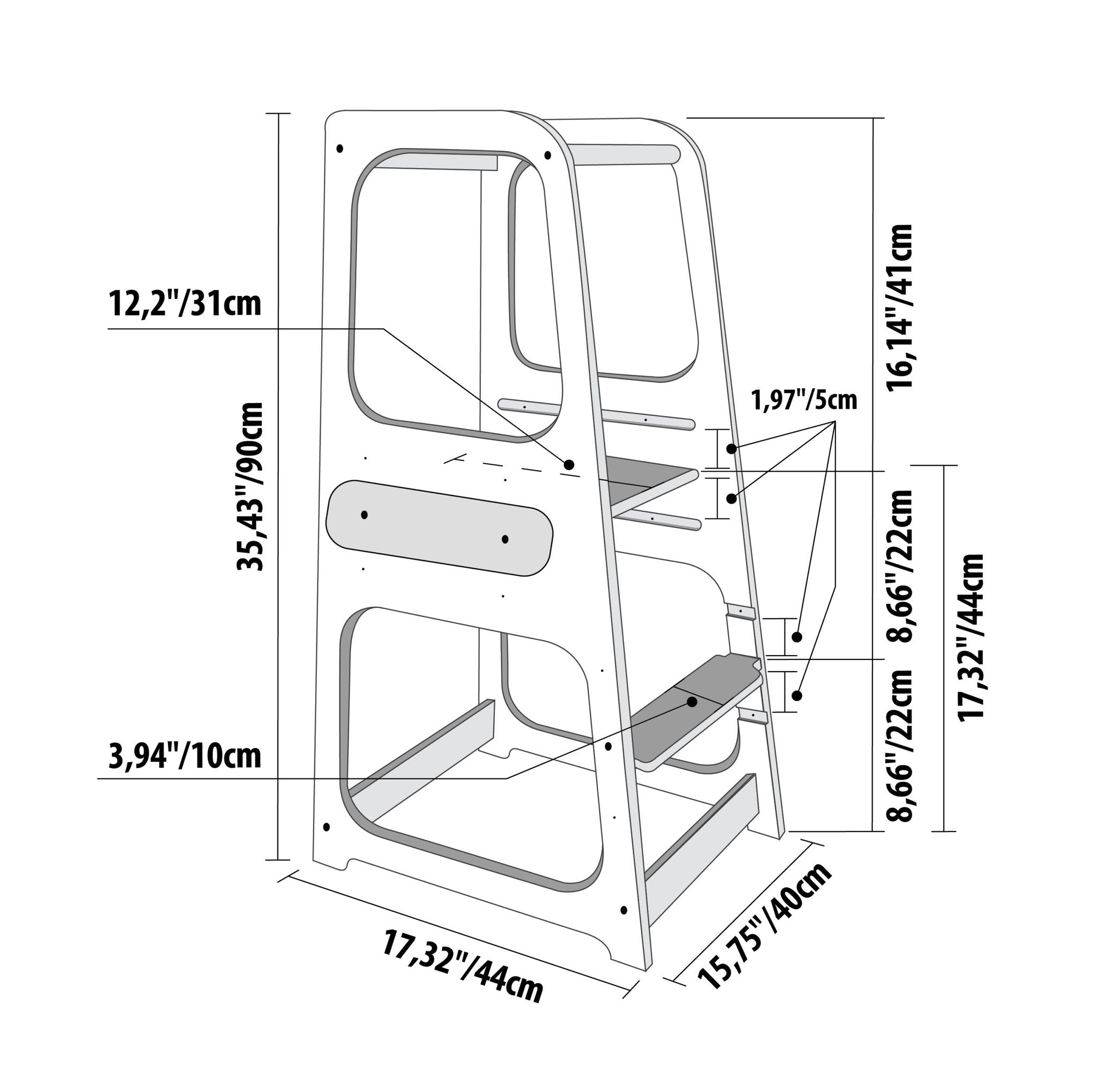 9. Size chart for Montessori helper tower step stool with dimensions in centimeters