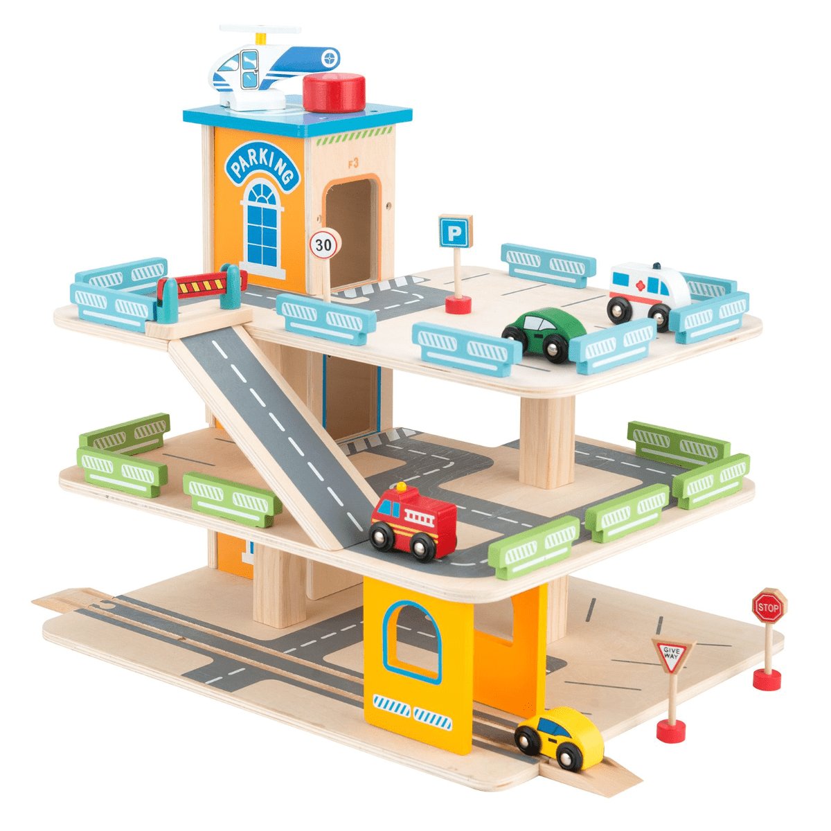 1. Wooden three-story parking garage with elevator, cars, and traffic signs by Gerardo's Toys, enhancing creativity and dexterity