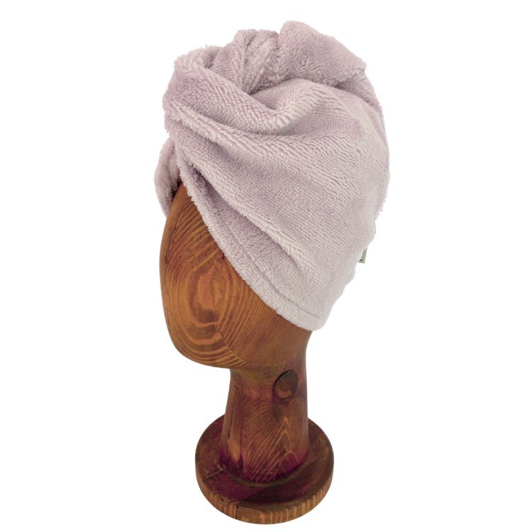9. Light pink bamboo-cotton hair turban on wooden mannequin head