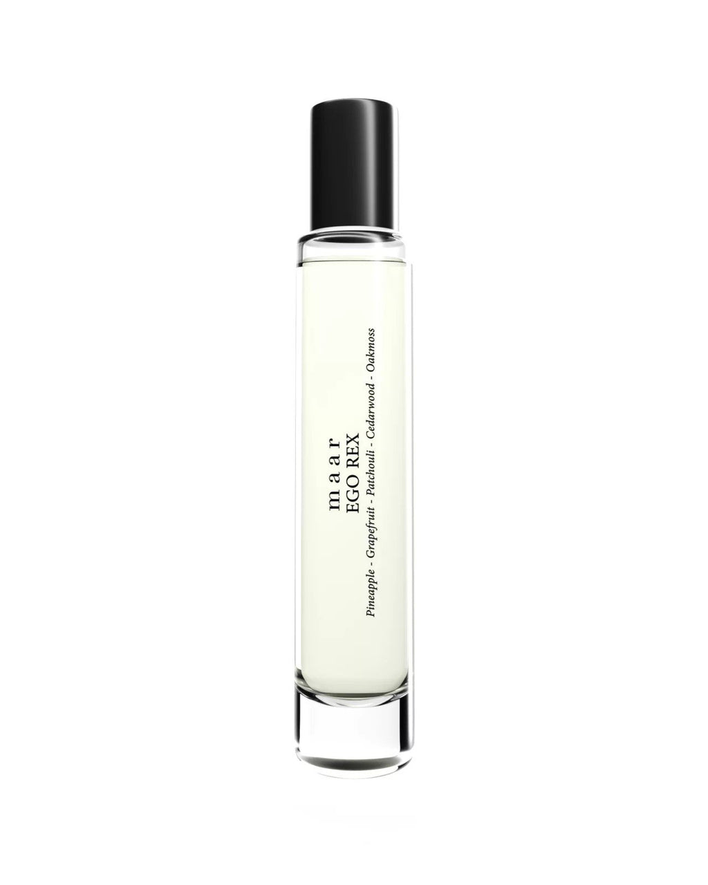 1. Studio shot of maar Ego Rex perfume oil in 10ml clear glass bottle with black cap, featuring pineapple, grapefruit, patchouli, cedarwood, and oakmoss notes