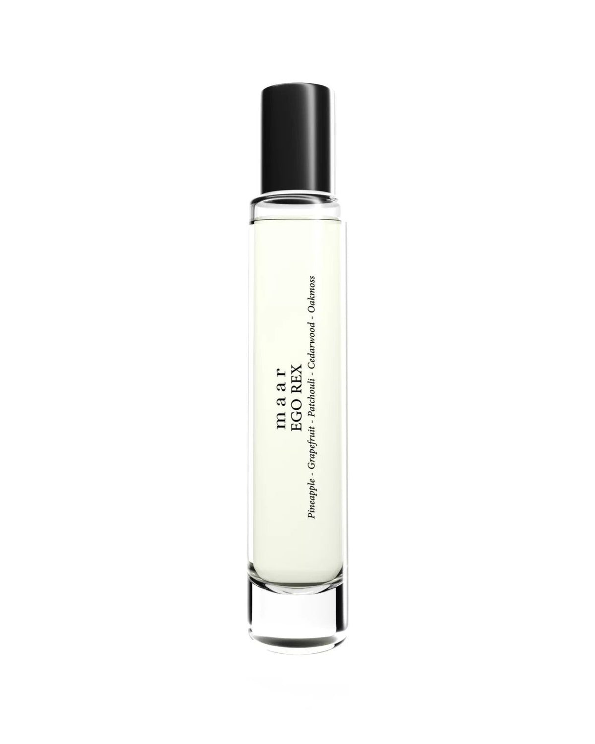 1. Studio shot of maar Ego Rex perfume oil in 10ml clear glass bottle with black cap, featuring pineapple, grapefruit, patchouli, cedarwood, and oakmoss notes