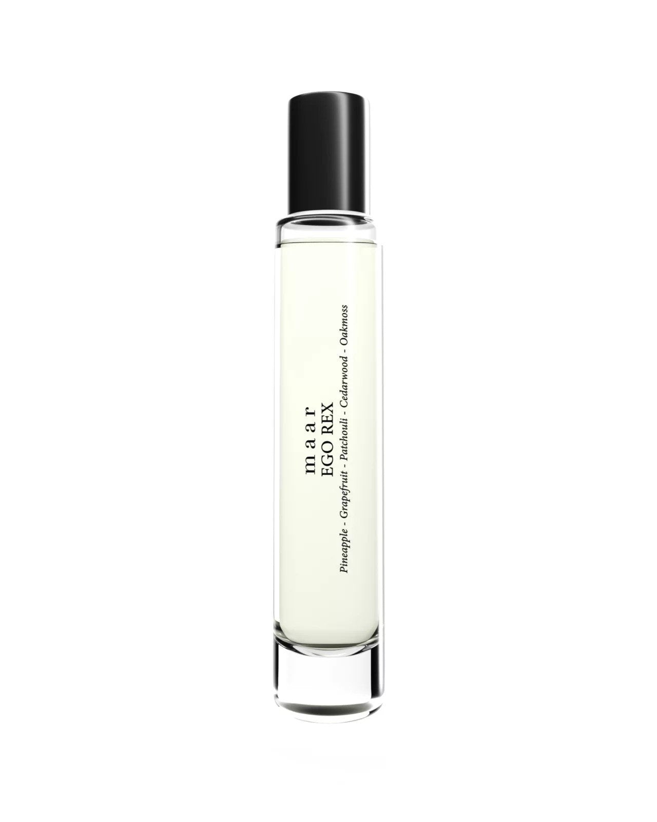 1. Studio shot of maar Ego Rex perfume oil in 10ml clear glass bottle with black cap, featuring pineapple, grapefruit, patchouli, cedarwood, and oakmoss notes