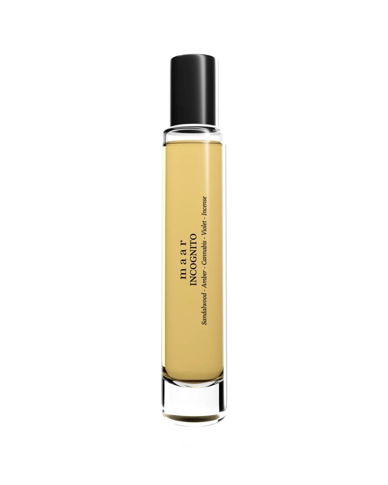 1. maar Incognito perfume oil in 10ml glass bottle with black cap, featuring sandalwood, amber, and cannabis notes, studio shot