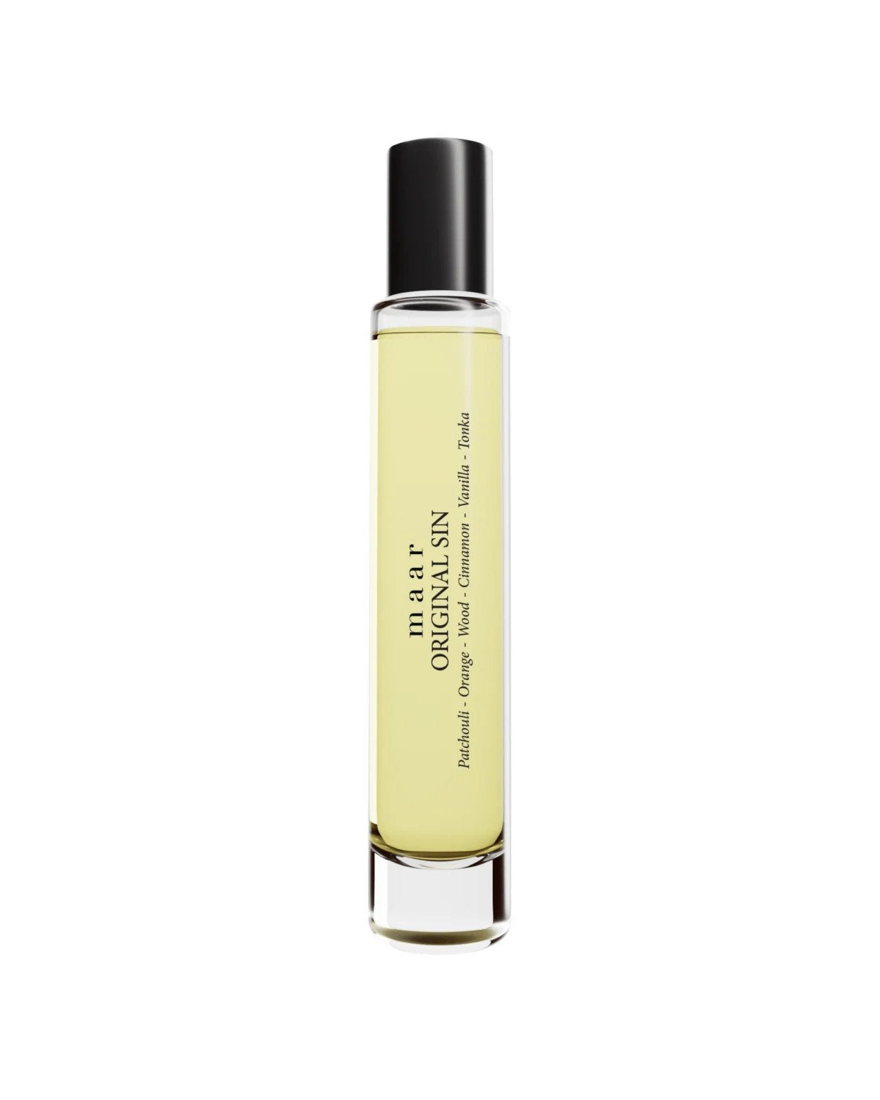 1. Studio shot of maar Original Sin perfume oil in 10ml clear glass bottle with black cap, featuring label text and light yellow liquid