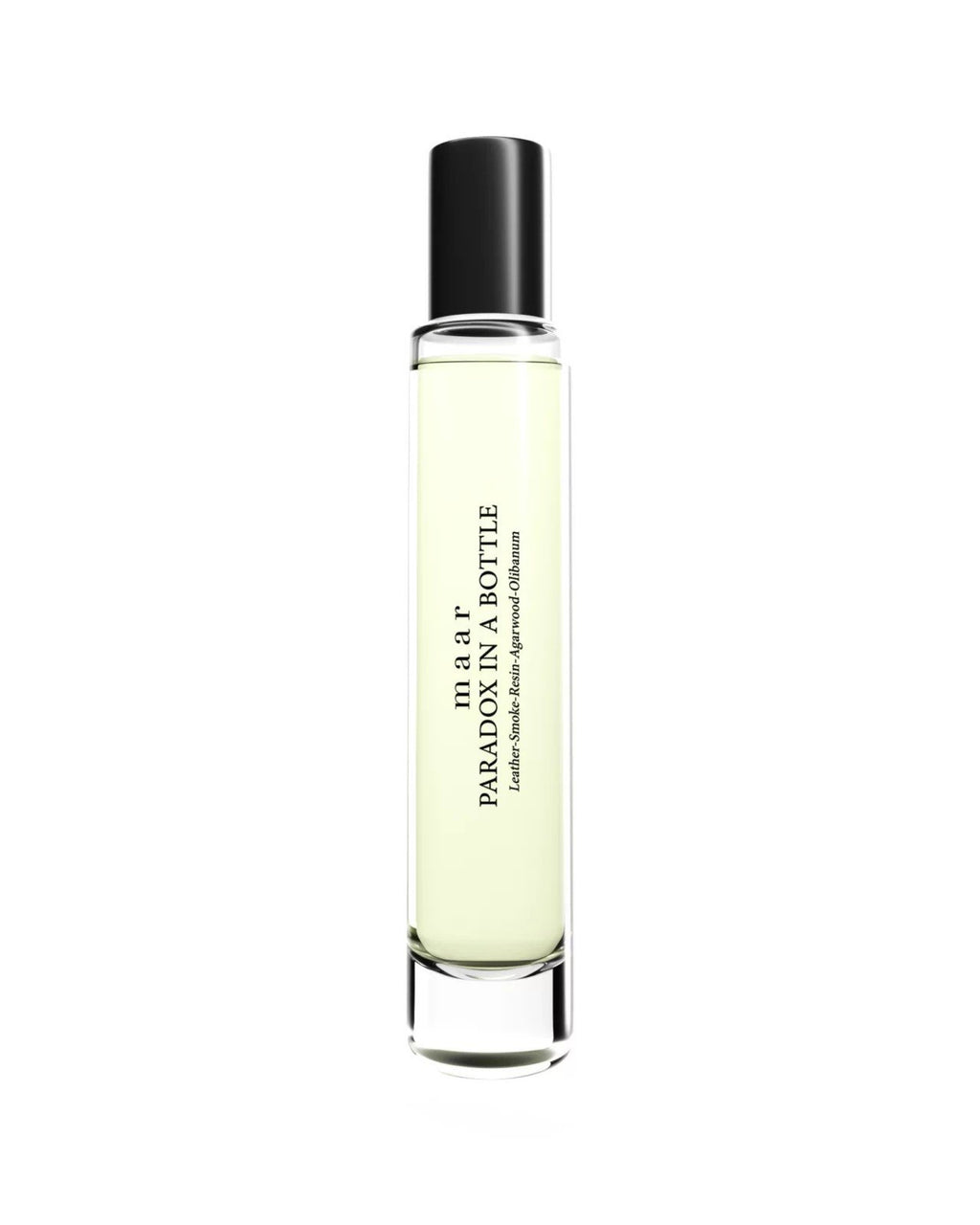1. maar Paradox In A Bottle perfume oil in clear glass roll-on bottle with black cap, 10ml, studio shot