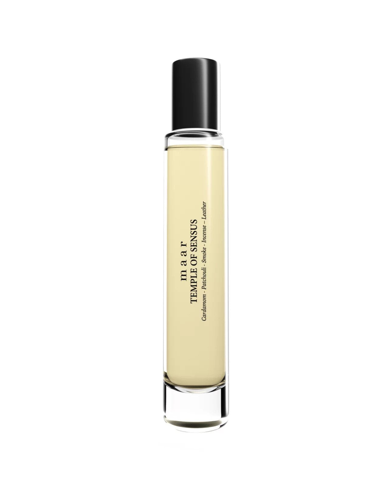 1. maar Temple Of Sensus perfume oil in clear glass bottle with black cap, 10ml, studio shot