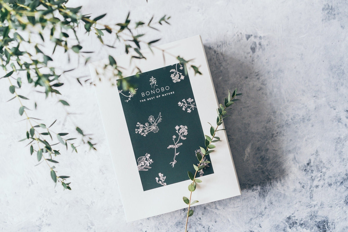 4. BONOBO Piece of Heaven gift box with floral design on a textured surface with greenery