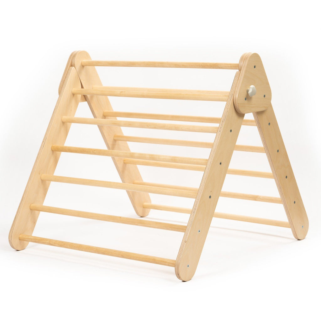 3. Natural wood Pikler Triangle on white background showing wooden bars and structure