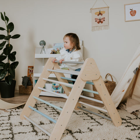 1. Child standing on pastel Pikler Triangle in cozy playroom with books and plant