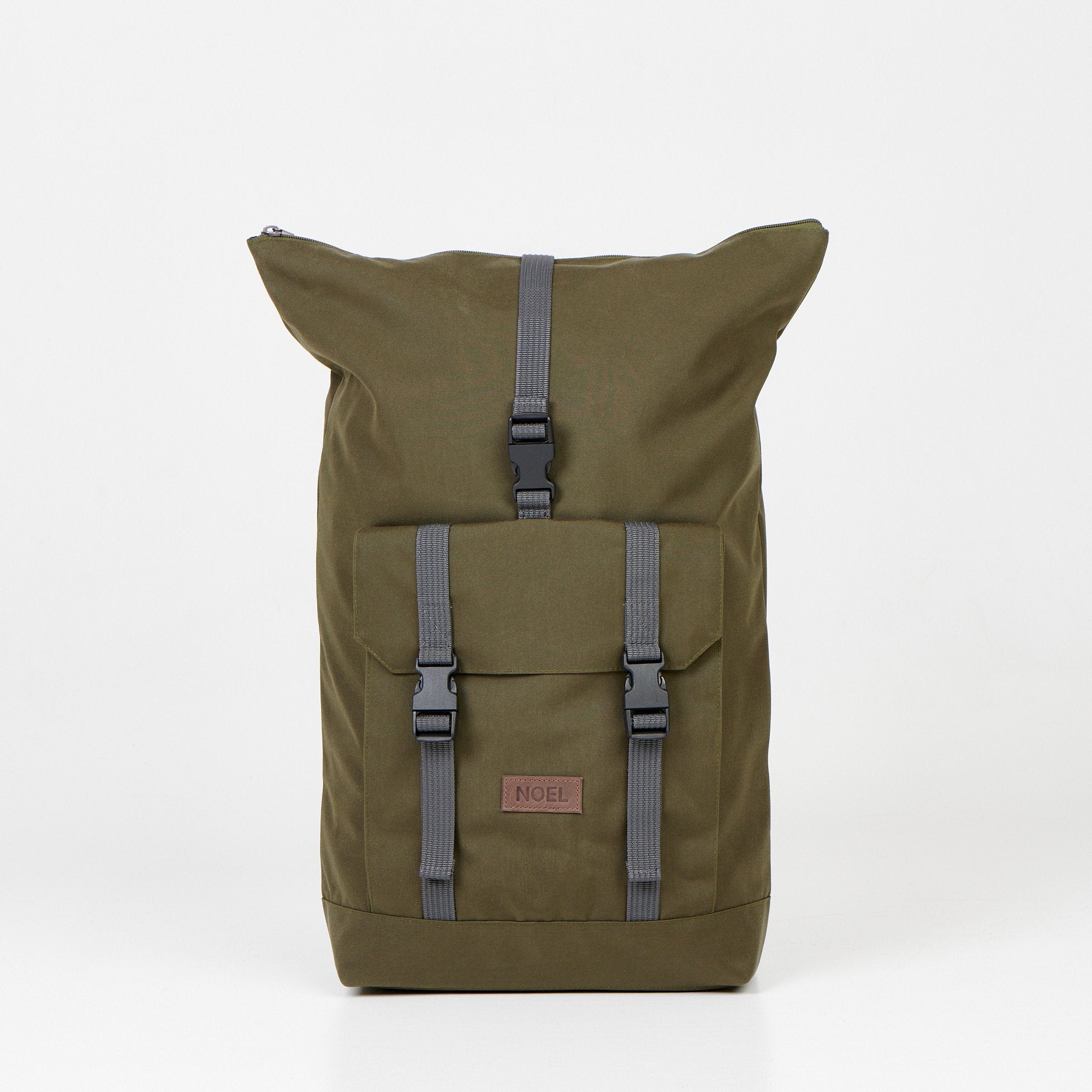 2. Noel Cliff 25L khaki backpack with extended roll-top, showing front pocket and straps, studio shot