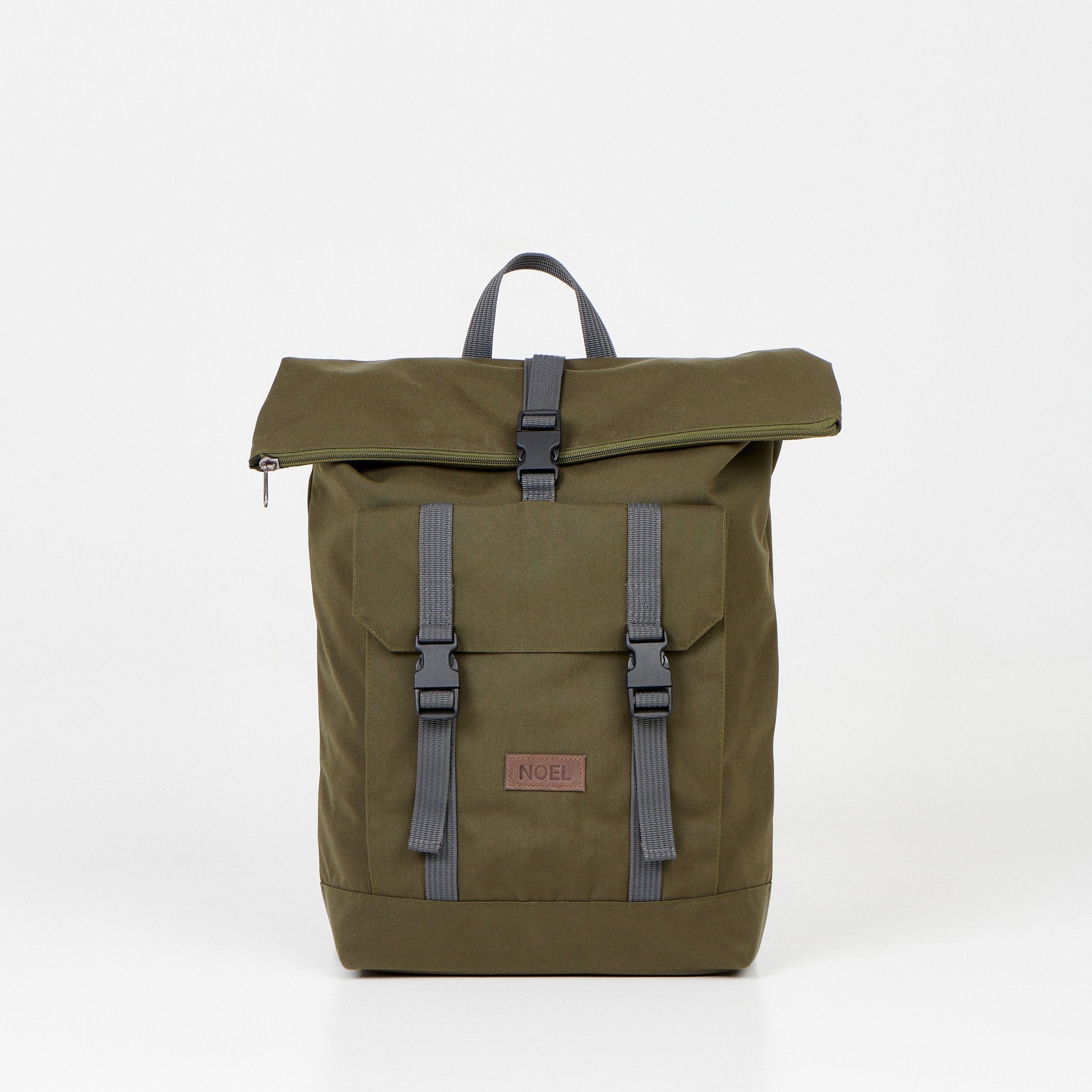 1. Noel Cliff 25L khaki backpack with roll-top closure and front pocket, studio shot