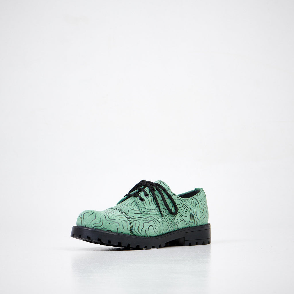 3. Unisex Samelin Green Zebra Widgets, front angle highlighting design and laces