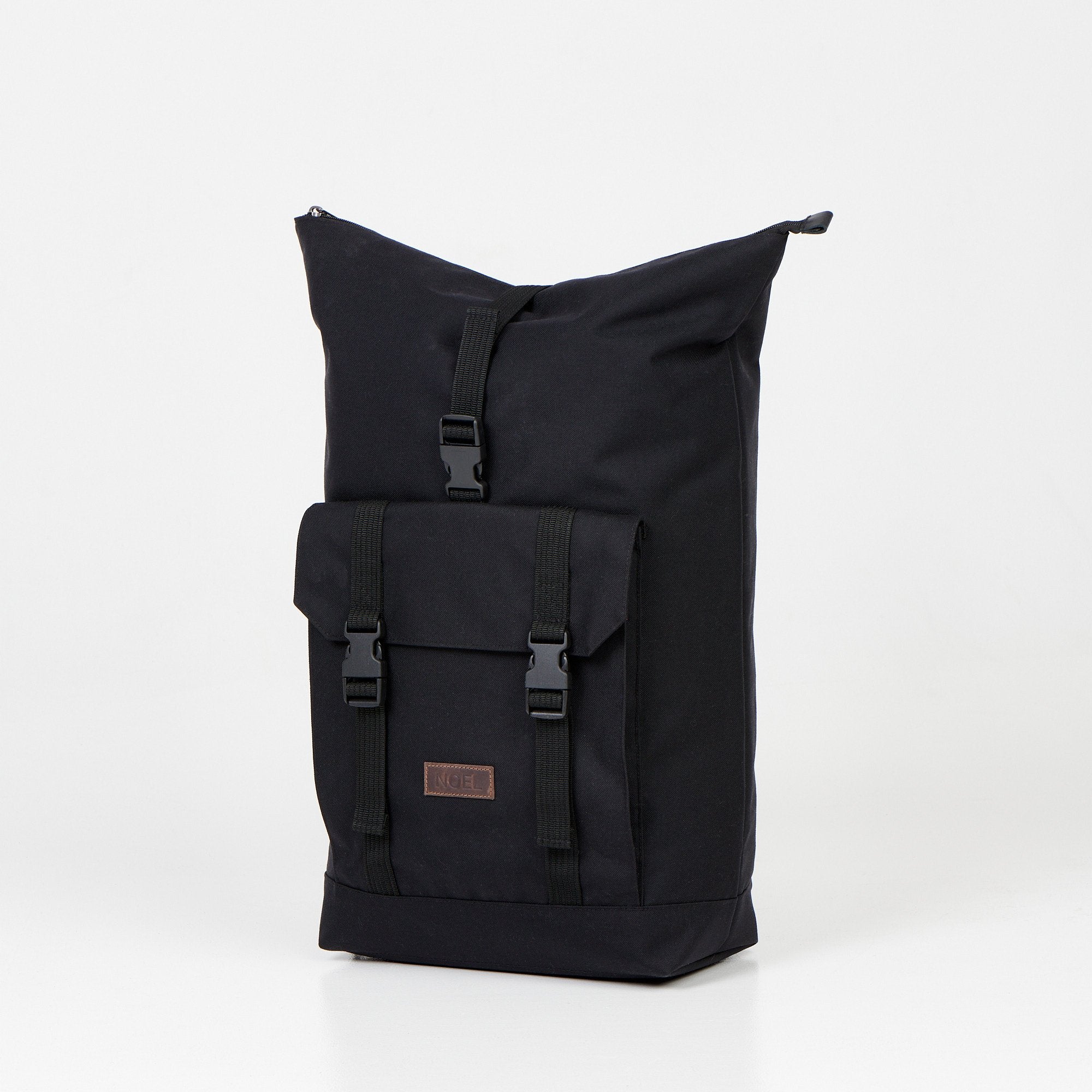 4. Noel Cliff 25L black backpack with extended top, showcasing front pocket and buckles