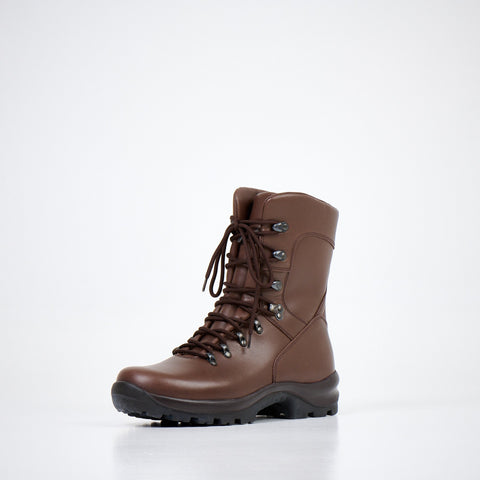 1. Unisex dark brown military boots by Samelin, side view in studio setting