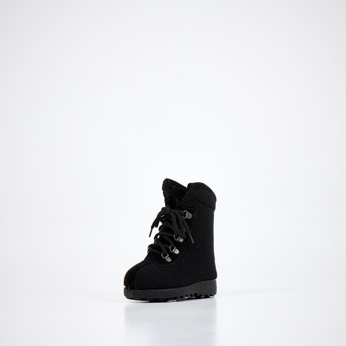 4. Black kids' felt boot with lace-up front, angled front view on white background