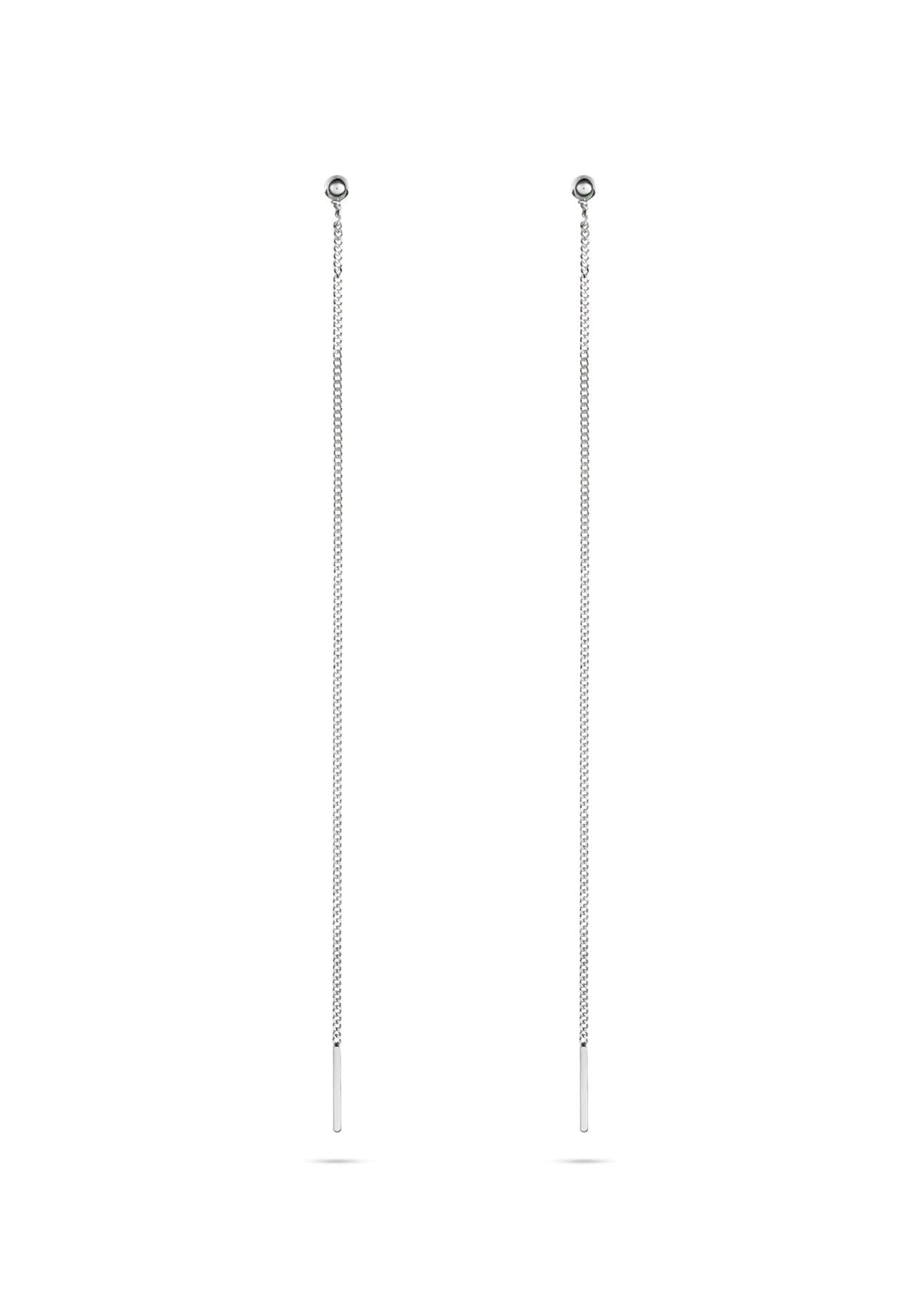 4. Studio shot of NO MORE Pin Up Threader Chain Earrings in silver, shown in full length