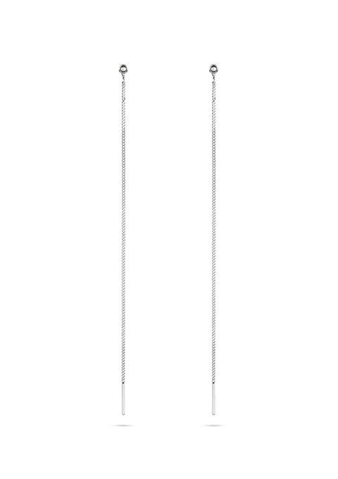 4. Studio shot of NO MORE Pin Up Threader Chain Earrings in silver, shown in full length