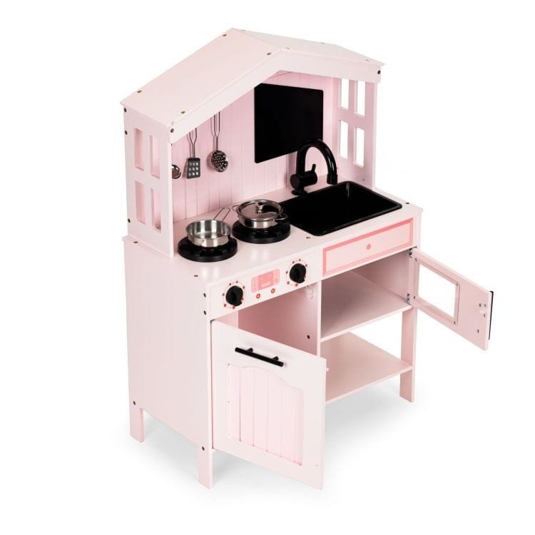 2. Pink play kitchen with open oven and microwave doors, showing interior space and accessories