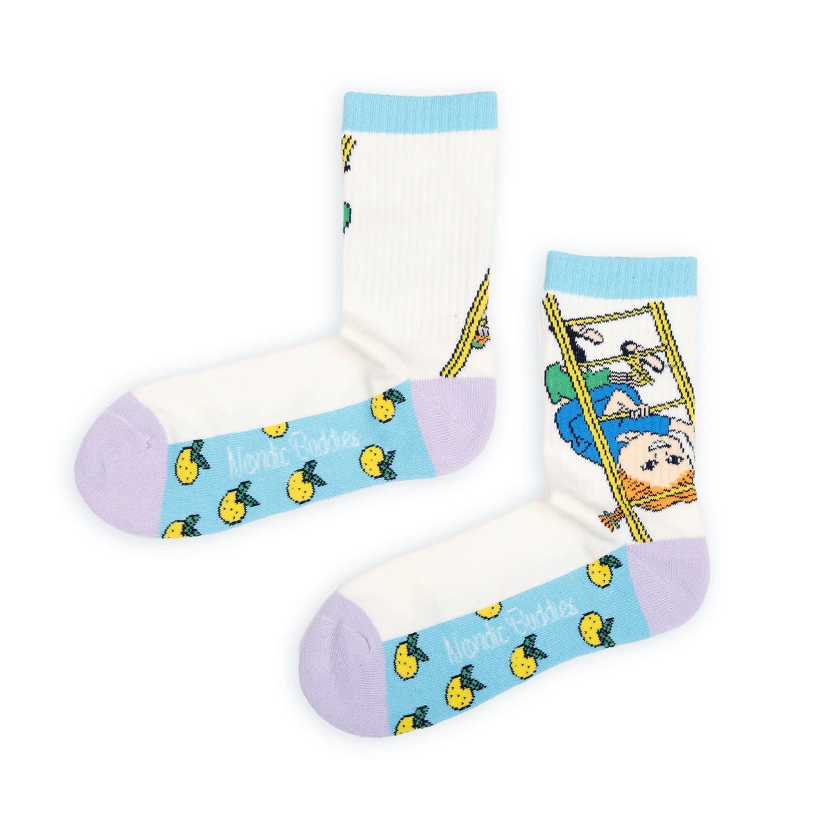 2. Studio shot of multicolor Pippi Longstocking socks with cartoon design, featuring blue, purple, and yellow accents, laid flat showing both sides