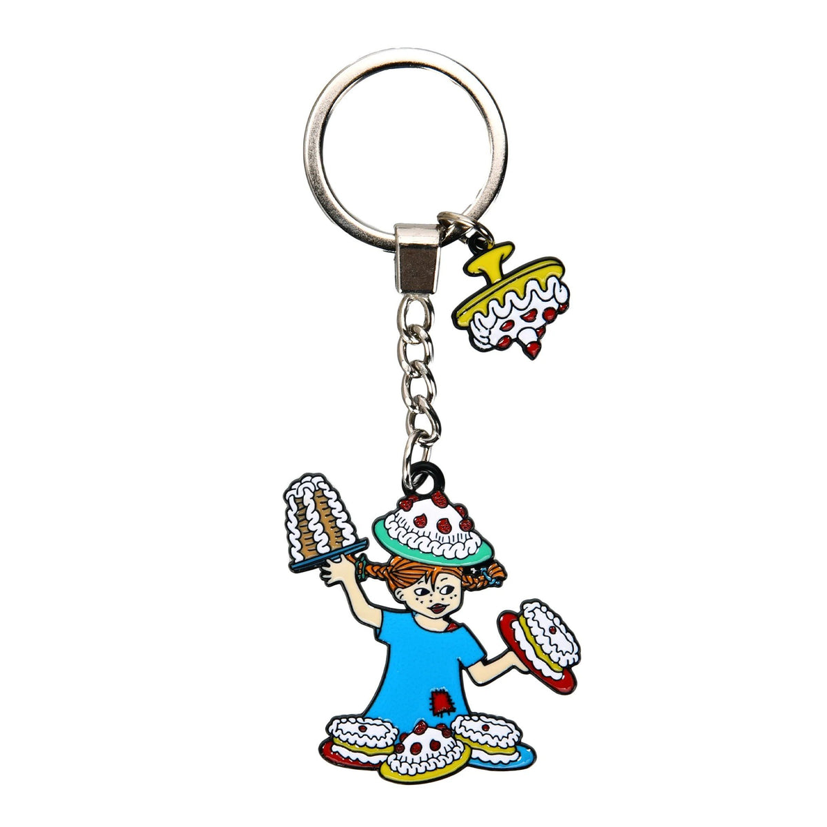 1. Pippi Longstocking metal key ring featuring cake design by Moomin NordicBuddies, double-sided with playful character illustration, compact size for keys or bags