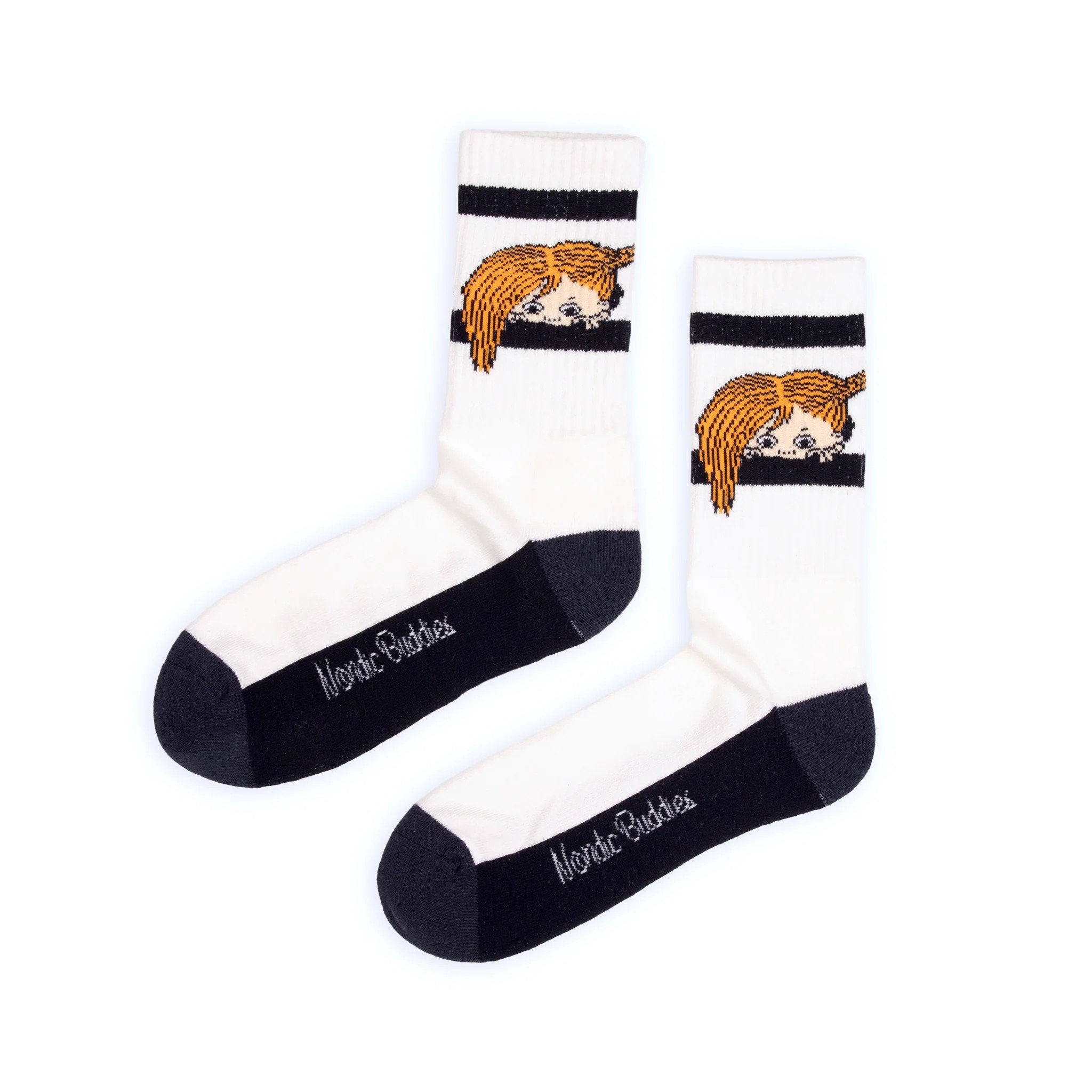 2. Studio image of men's Pippi Longstocking retro socks by NordicBuddies in white with black accents and character design