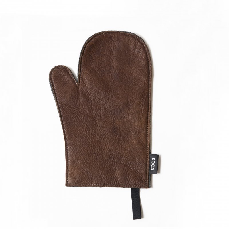 5. Brown leather oven mitten with textured surface and KOOS label, shown on white background