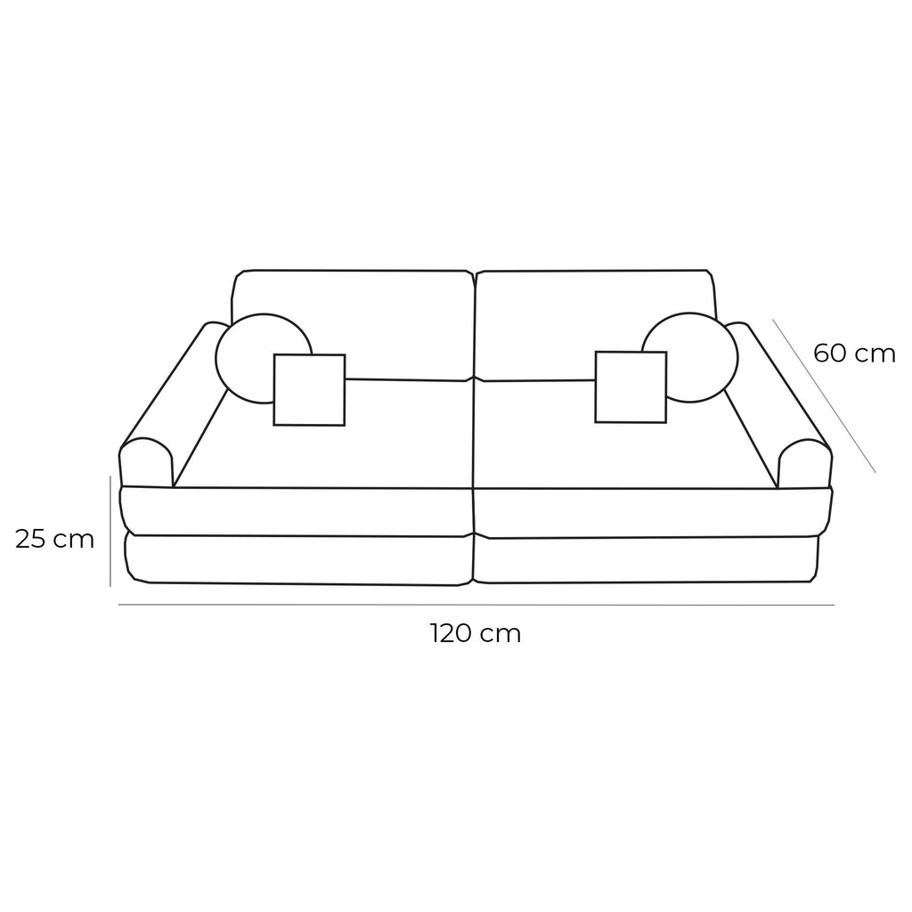 5. Size chart for children's modular sofa showing dimensions: 120 cm width, 60 cm height, 25 cm seat height