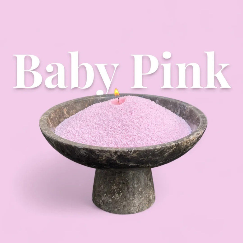 1. Baby pink powdered candle in a stone bowl with a lit wick, text 'Baby Pink' on pink background