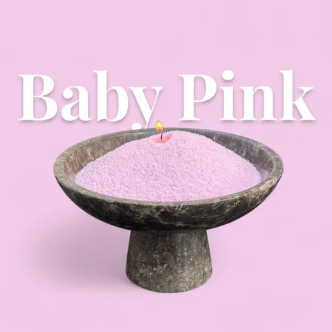 1. Baby pink powdered candle in a stone bowl with a lit wick, text 'Baby Pink' on pink background