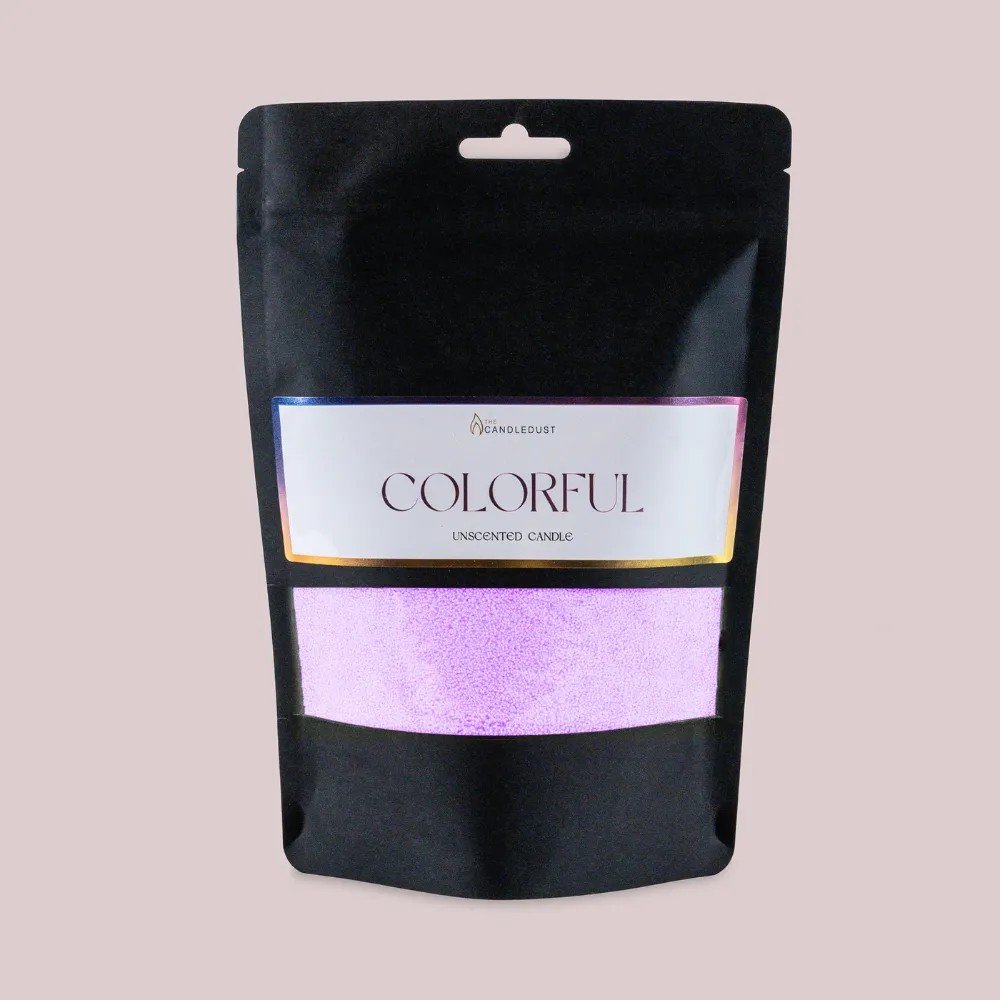 1. Candledust powdered candle refill kit in light lilac, unscented, 330g, in black packaging with colorful label on soft pink background
